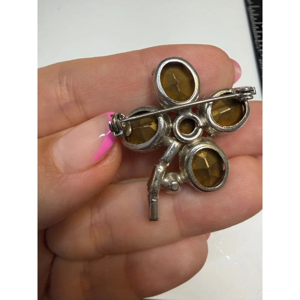 Vintage Rhinestone Flower Brooch Silver Tone Clear Crystal Floral Pin 1.5 Inch